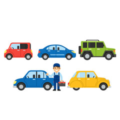 Naklejka premium Car Mechanic with Assortment of Cars: Sedan, SUV, Hatchback, and Classic