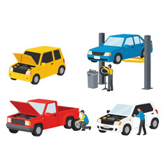 Naklejka premium Car Repair Service: Mechanics Fixing Vehicles on Lifts and Ground