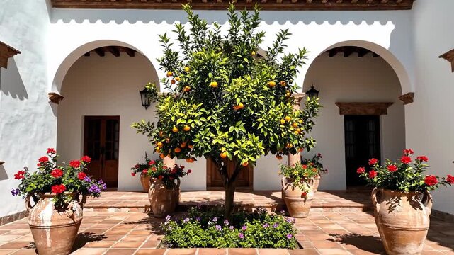 Mediterranean courtyard with a central orange tree and red flowers in terracotta pots. Spanish villa architecture with white walls and arches. Traditional patio design