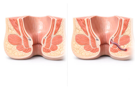 Photorealistic 3D anatomical cutaway of lower pelvis showing the anal canal and surrounding sphincter complex with anal fistula tract: thin tunnel-like pathway from anal canal to small external skin