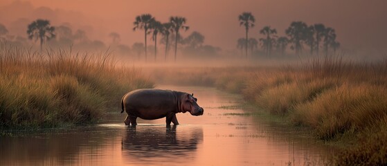 Hippo calmly walking through shallow water at sunrise.