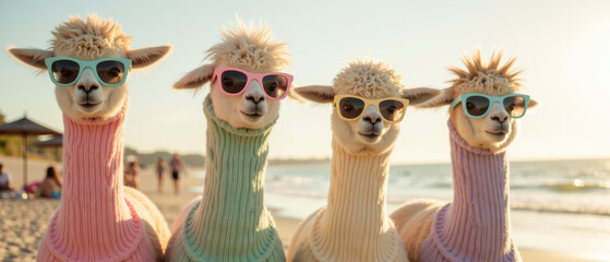 Fototapeta premium Llamas wearing colorful sunglasses on beach during sunset create fun and playful atmosphere. scene captures joy of summer and leisure