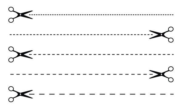 Scissors Cut Line Icons Set - Cut Here Line Symbols vector. Paper Cut Guide Icons 