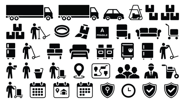 Moving and relocation services icons set with trucks furniture and logistics symbols for secure transportation and delivery