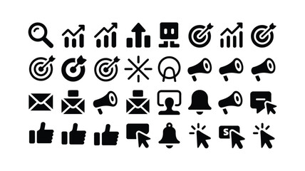 Fototapeta premium Collection of black business and communication icons on white background for marketing and social media
