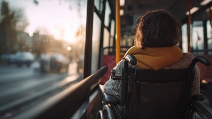 A disabled person using public transportation while seated in a wheelchair and looking out the window.