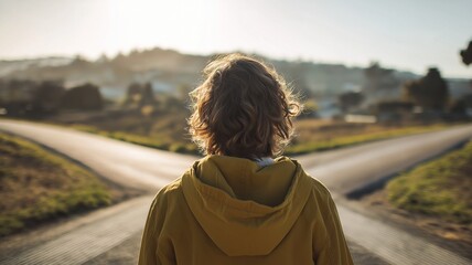 Young person standing at crossroads making life decision, future choices and personal growth concept