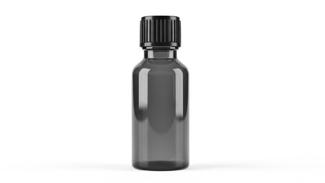 A small brown glass bottle with a black cap on a white background