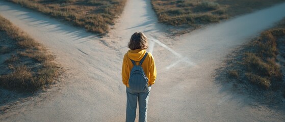 Young person standing at crossroads making life decision, future choices and personal growth concept