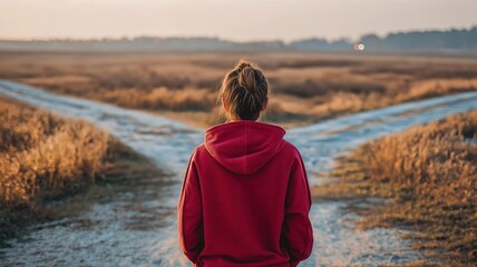 Young person standing at crossroads making life decision, future choices and personal growth concept
