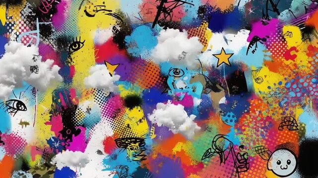 Vibrant Abstract Collage with Graffiti Art Clouds and Pop Culture Icons.