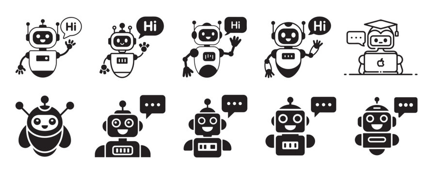 Full body small robot silhouette icons with conversation bubbles. vector illustration eps 10