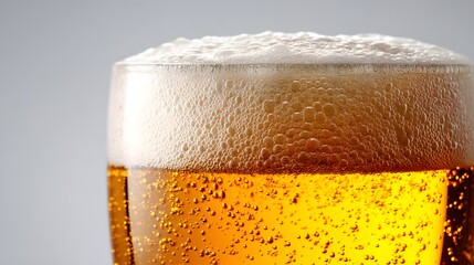 Close up of a refreshing glass of golden beer with frothy head.
