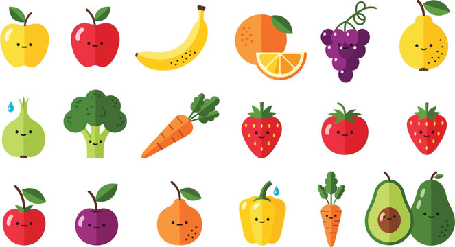 Assorted happy cartoon fruits and vegetables display smiling faces against a plain white background for healthy eating concepts.