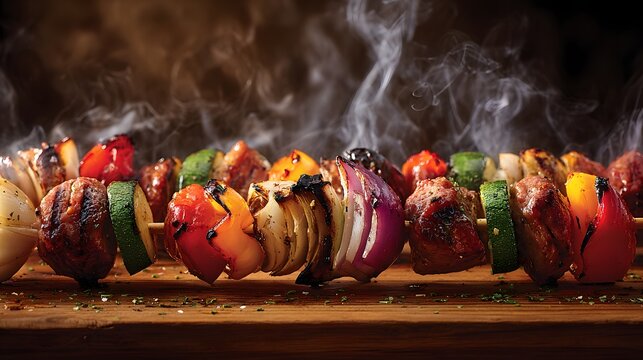 Delicious Grilled Vegetable and Meat Skewers with Smoke Rising.