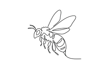 Continuous one line drawing of a flying bee insect in a minimalist art style, simple single stroke graphic design