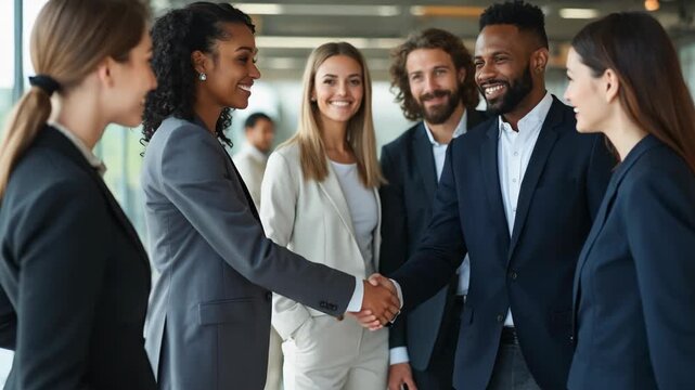 Smiling diverse business professionals in formal attire shaking hands in modern office, showcasing teamwork, partnership, and collaboration in a corporate setting.
