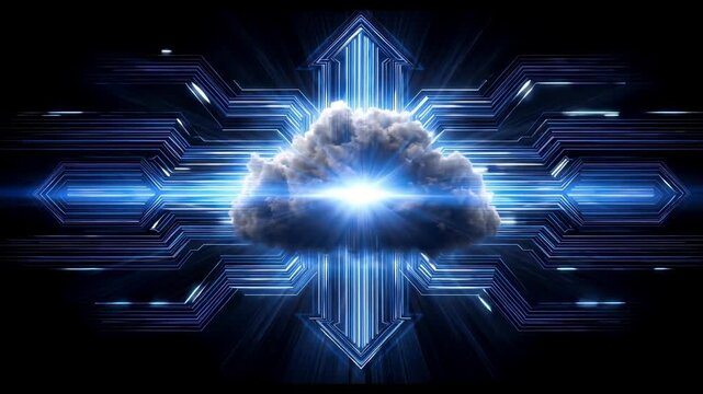 Glowing cloud data sync arrow network neon hub for futuristic digital cloud computing uploads