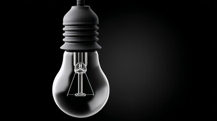 Black hanging light bulb with a minimalist design against a solid black background, showcasing hyperrealistic details and vast empty copy space on the left side for text or graphics