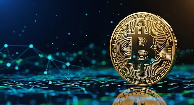 A golden physical Bitcoin coin stands upright against a dark blue digital network background representing cryptocurrency investment.
