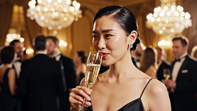 Elegant celebration at upscale party. Woman enjoys champagne while smiling and engaging with guests. Glamorous atmosphere creates joyful moments and memorable experiences.