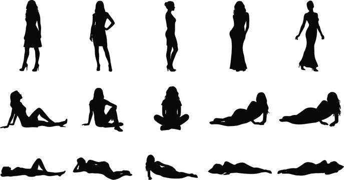 Women silhouette collection set, female poses standing sitting lying, black vector illustration isolated on white background