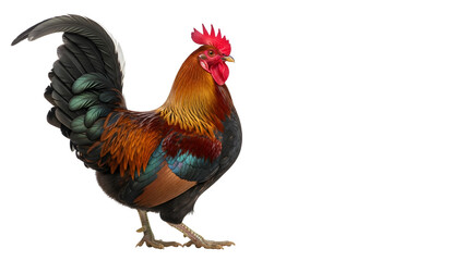 Rooster with vibrant red comb, orange, black, and green iridescent feathers, standing isolated on white, Generative Ai