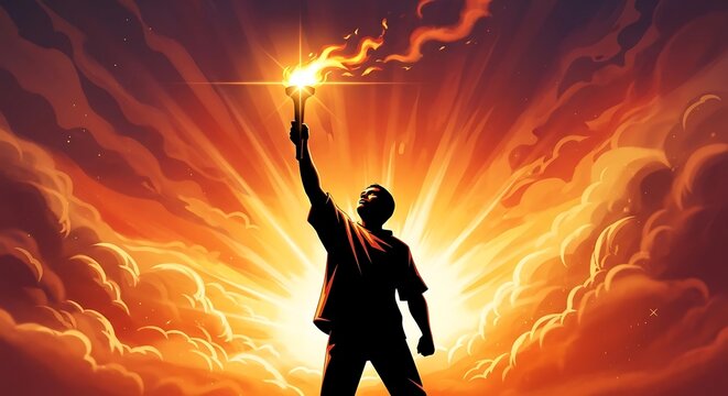Silhouetted Man Holding Torch in Dramatic Sunset Sky with Clouds