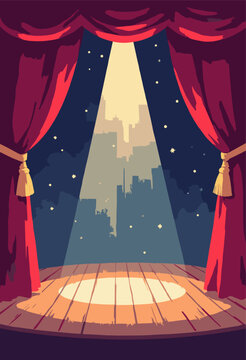 Theater Stage Red curtains pulled back, wooden floorboards, spotlight shining center