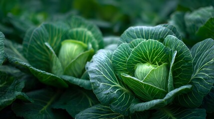 Obraz premium Close-up of fresh green cabbage heads growing in a field.