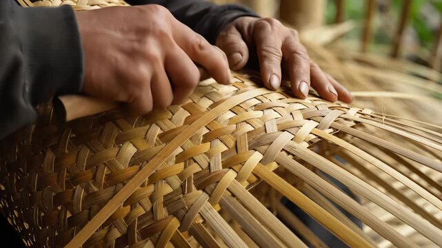 Close Up Of Hands Weaving Natural Bamboo Material Into A Basket With Detailed Texture And Warm Natural Lighting In An Outdoor Setting