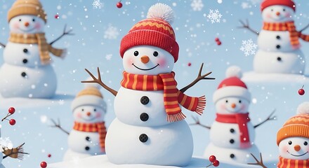 Fototapeta premium Smiling snowman in red hat and scarf with group of snowmen in snowy landscape