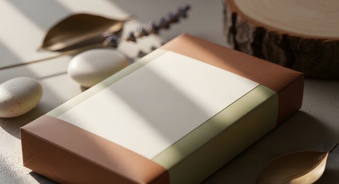 Wrapped organic soap bar mockup with blank label and natural decorative elements close up