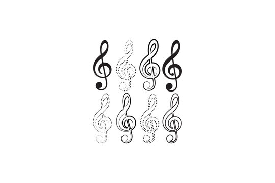 Treble clef set vector silhouettes black color dot and line art design image.