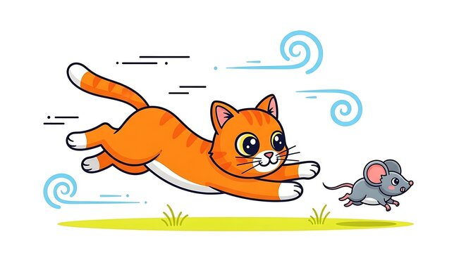 Orange Cartoon Cat Chasing Gray Mouse on Grass