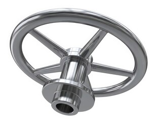 A close-up view of a large, metallic, industrial valve wheel mechanism.