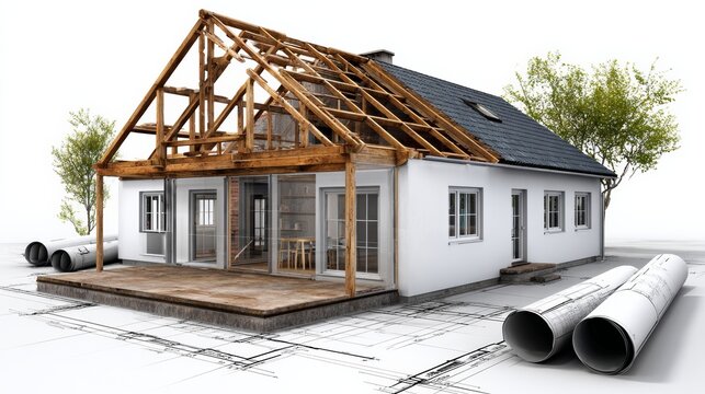 3D architectural house model with partial wooden roof construction, visible trusses, surrounded by technical sketches, measurements, and rolled blueprints on a white background