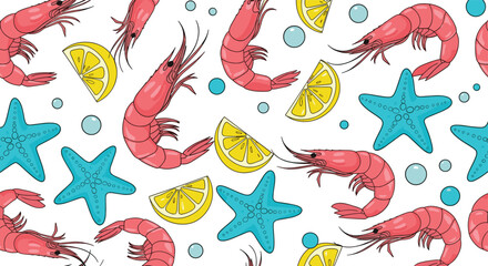 Seamless summer pattern features pink shrimp, blue starfish, yellow lemon wedges, and bubbles against a clean white background for seafood.