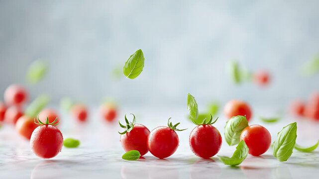 Fresh cherry tomatoes and basil leaves floating in air against light background
