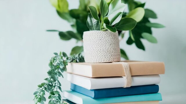 Calm Interior Arrangement of Stacked Hardcover Volume with Potted Green Foliage in Woven Container