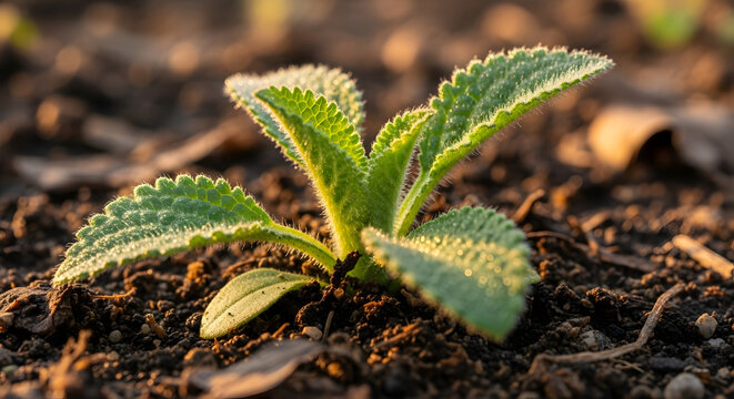 acro View of Fresh Green Seedling in Rich Earth