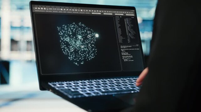 Data center female programmer using AI LLM model on laptop to optimize equipment rigs. Woman in server hub using large language model neural network technology to adjust system parameters, camera B