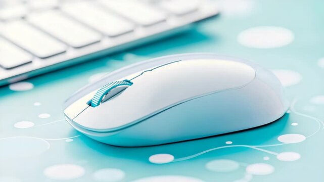 Close up view of white ergonomic computer peripheral resting on bright turquoise surface symbolizing digital connectivity.