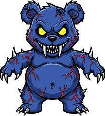 Fototapeta premium Aggressive Blue Monster Teddy Bear Vector Illustration with Sharp Teeth Yellow Eyes and Red Veins for Gaming and Streetwear Design