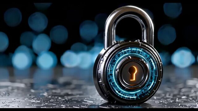 Cybersecurity padlock with glowing circuit ring, layered security firewall lock and digital