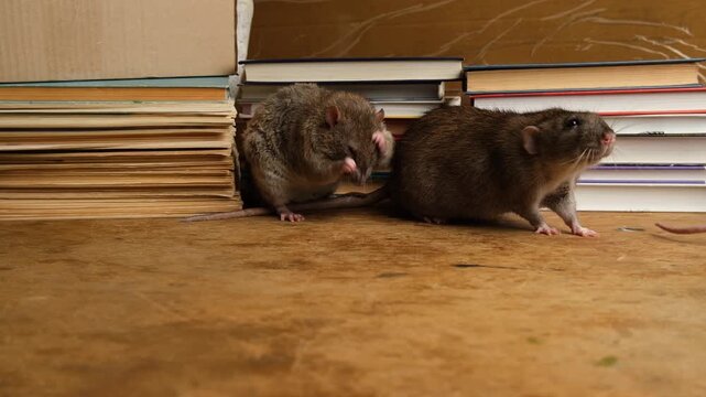 Brown, gray rat and books.