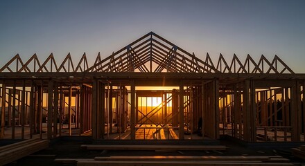 Fototapeta premium Construction site with wooden frame structure at dusk with setting sun visible through the doorway