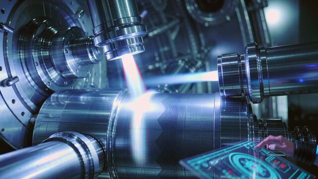 Advanced manufacturing environment, High tech fabrication with laser tools, Precision engineering area with holographic displays, State of art vacuum chamber featuring laser processing technology and
