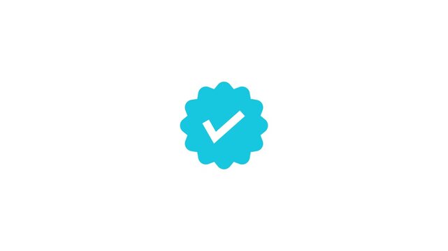 Blue check mark verification badge animation isolated on white background. Approval, success, confirmation, and validated status concept motion graphic for web and mobile interfaces.