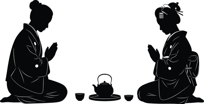 Japanese geisha women silhouette wearing traditional kimono during tea ceremony, spiritual zen culture, oriental woman praying and meditation, vector illustration.